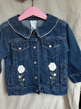 Y2K Girls' Denim Jacket with White Floral Embroidery- 24m